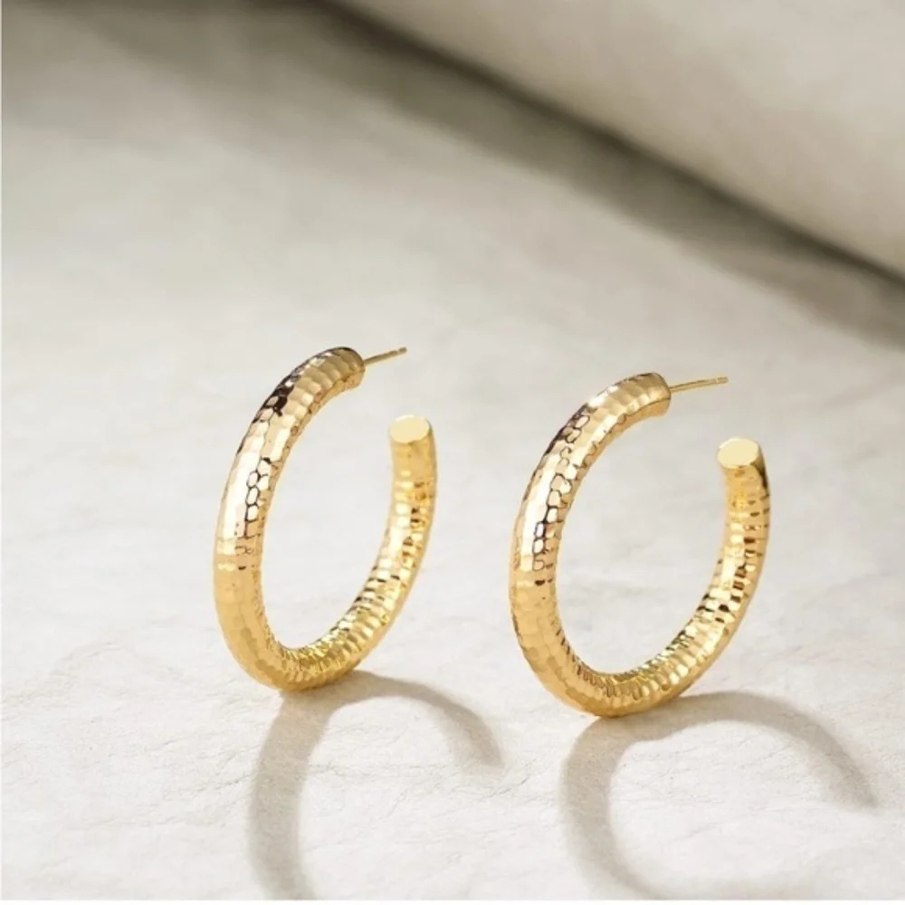 GOLD 14k Gold Plated Textured Hoop Earrings